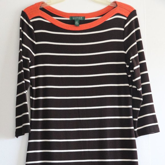 Ralph Lauren 100% Cotton Jersey Striped Dress M Brown Orange Boat Neck New - Picture 4 of 4